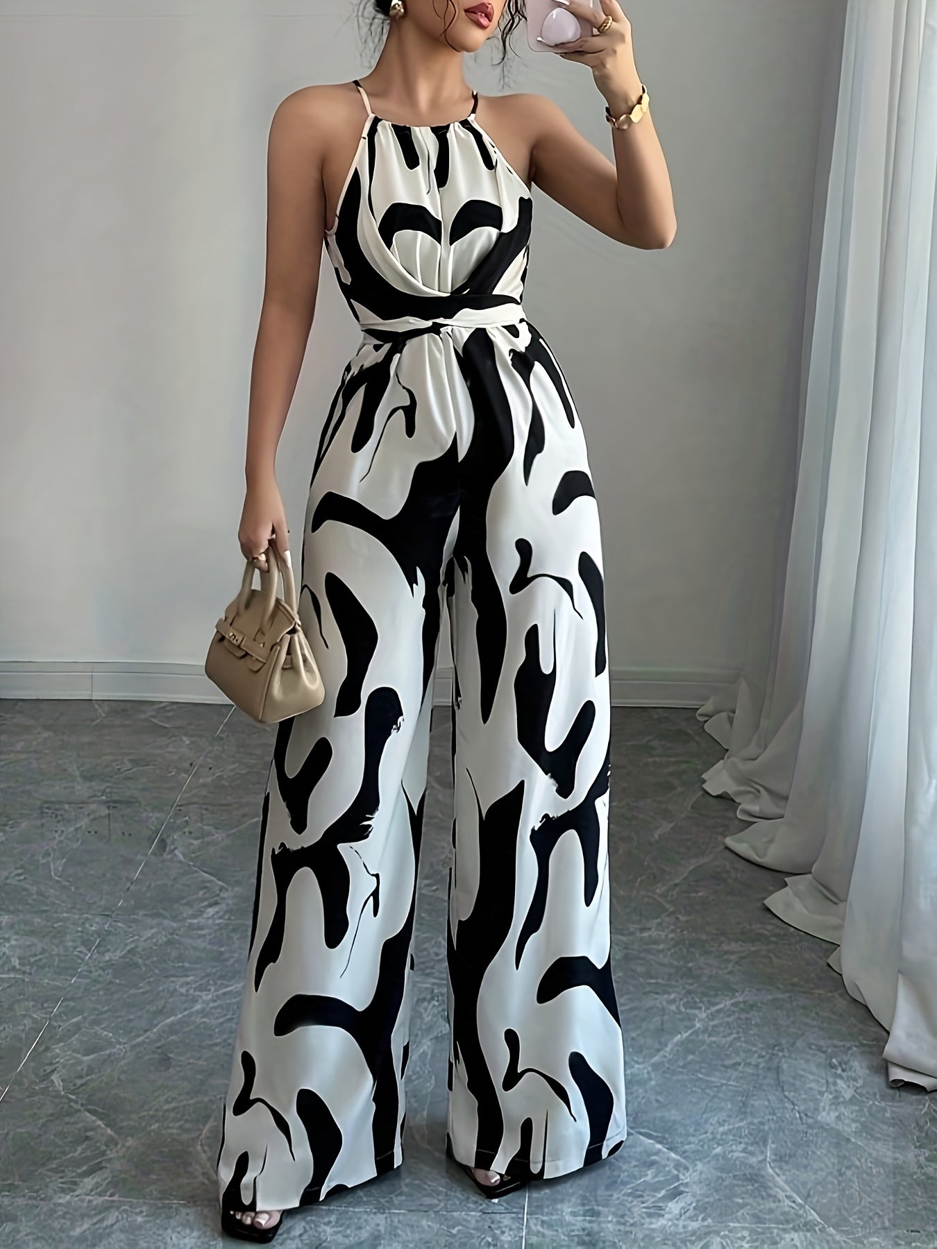 Women's Elegant Off-Shoulder Print Jumpsuit with Wide Legs and Tie Waist - Black & White Abstract Pattern, Polyester Fabric, Perfect for Vacation and Everyday Chic
